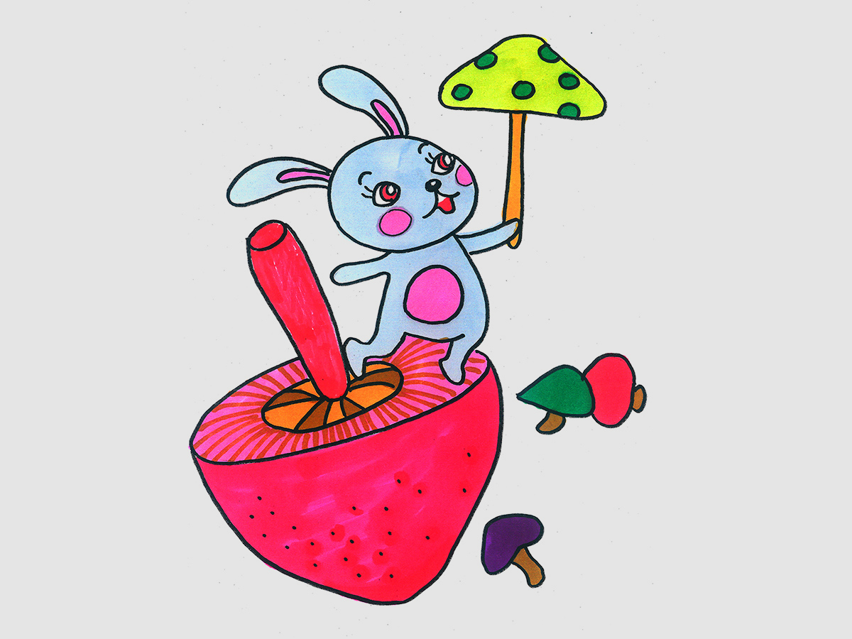 卡通小兔子Rabbit简笔画 漂亮又简单采蘑菇的小兔子画法