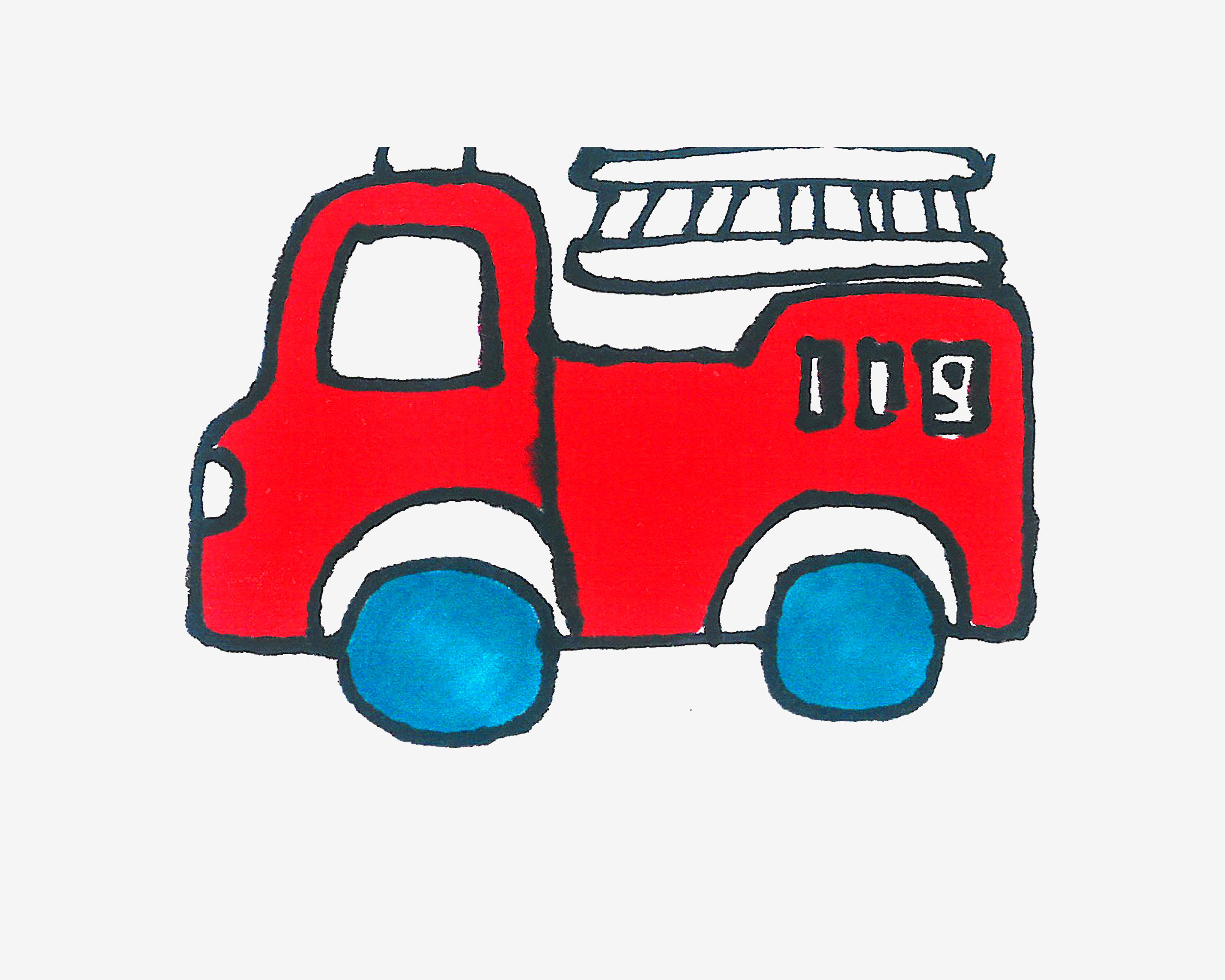 4岁儿童简笔画优秀作品 有颜色消防车的画法图解