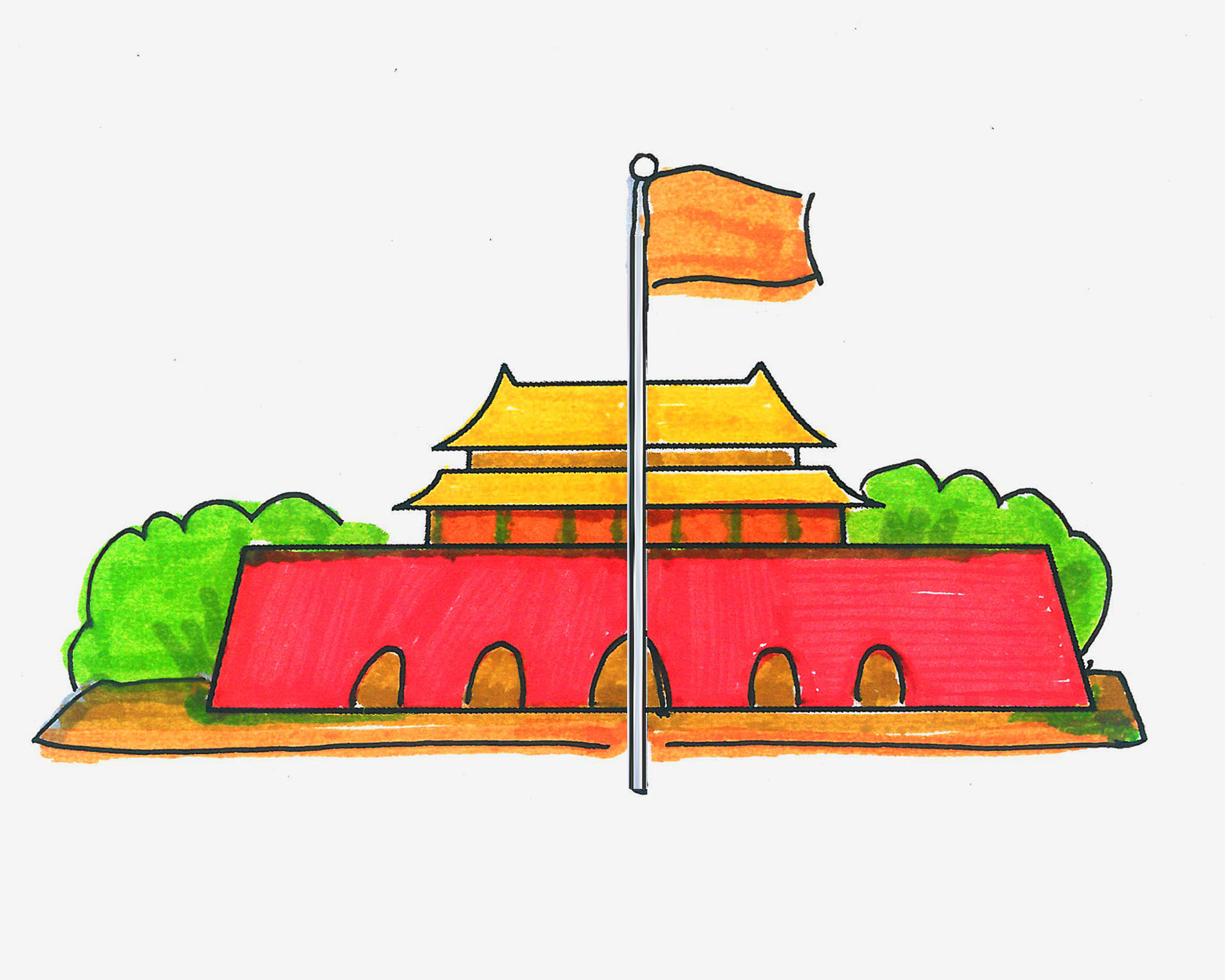 8岁简笔画步骤 色彩小北京天门的画法图解