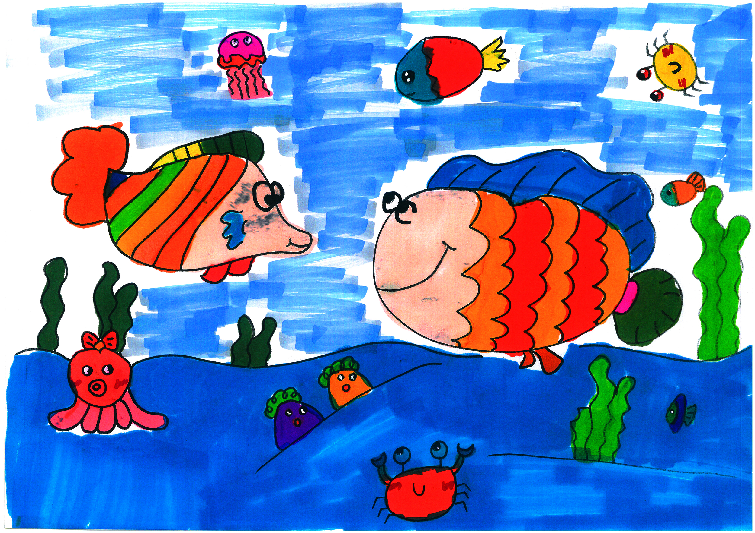 简单儿童可打印简笔画填色画课程 简单漂亮小鱼的故事手绘