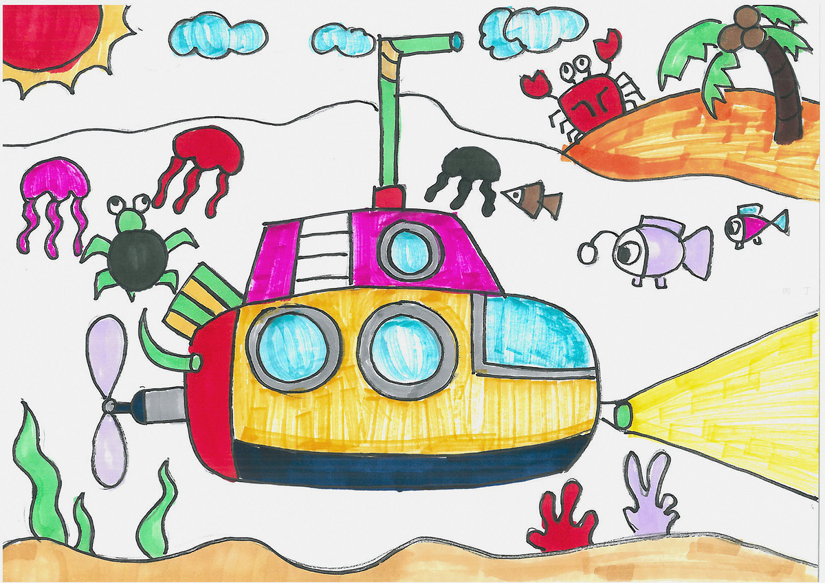 彩色潜水艇简笔画画法图片步骤（七岁小孩儿学画画） - 有点网 - 好手艺