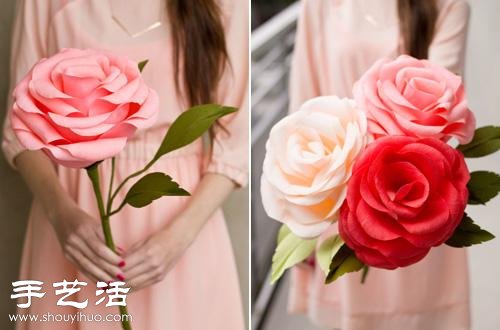 绉纱纸+纸艺 手工制作富贵吉祥玫瑰花 