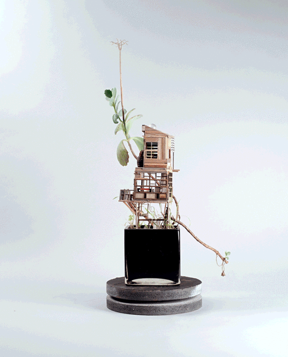 盆栽上DIY精致树屋模型 小人国般的微型建筑 