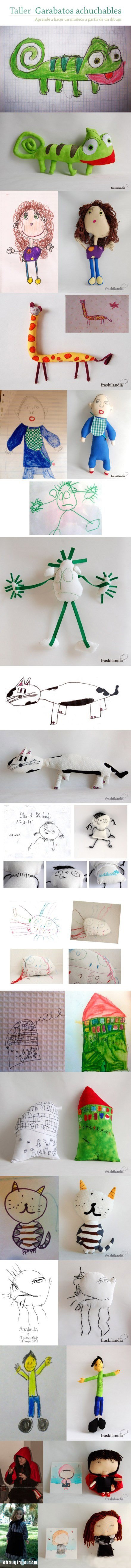 将孩子的随手涂鸦手工制作成布艺娃娃玩具 