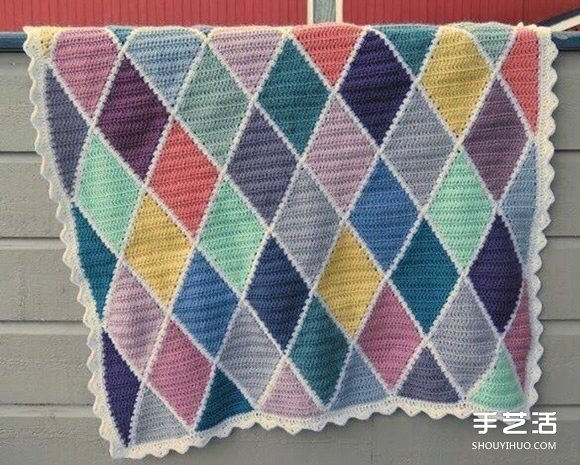 菱形花纹毯子钩针手工编织花样图解教程 